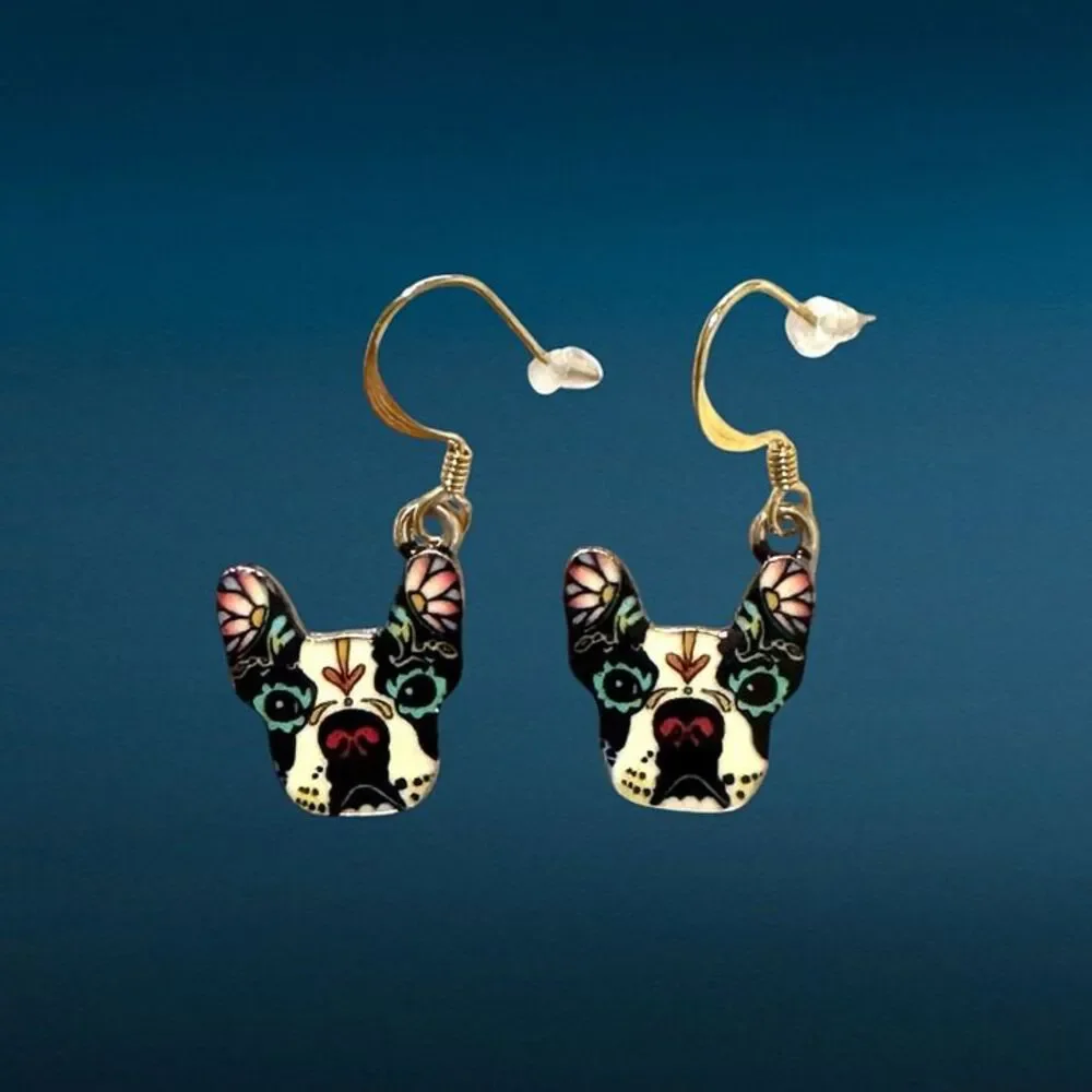Indio Jewelry Enamel French Bull Dog Stainless Steel Gold Earrings #2309